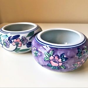 2 Vintage Chinese Planters Ceramic Hand Painted Floral Patterns Round 4 1/2”